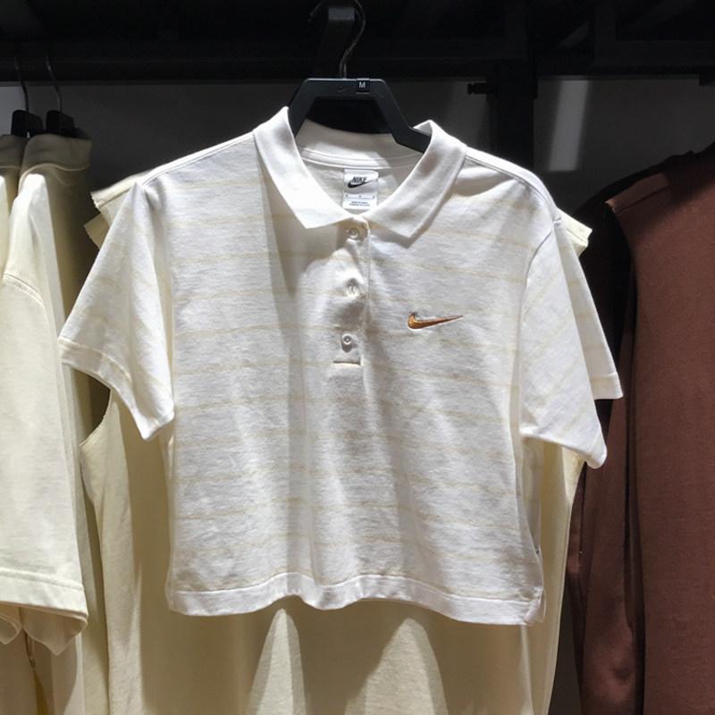 NIKE耐克女装2024秋季新款翻领POLO衫条纹运动休闲T恤 HM4649-100