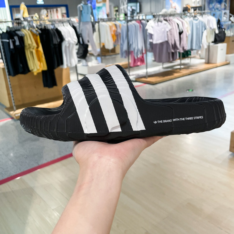 ADIDAS阿迪达斯三叶草男女2024夏新款黑白经典条纹休闲拖鞋IF3670