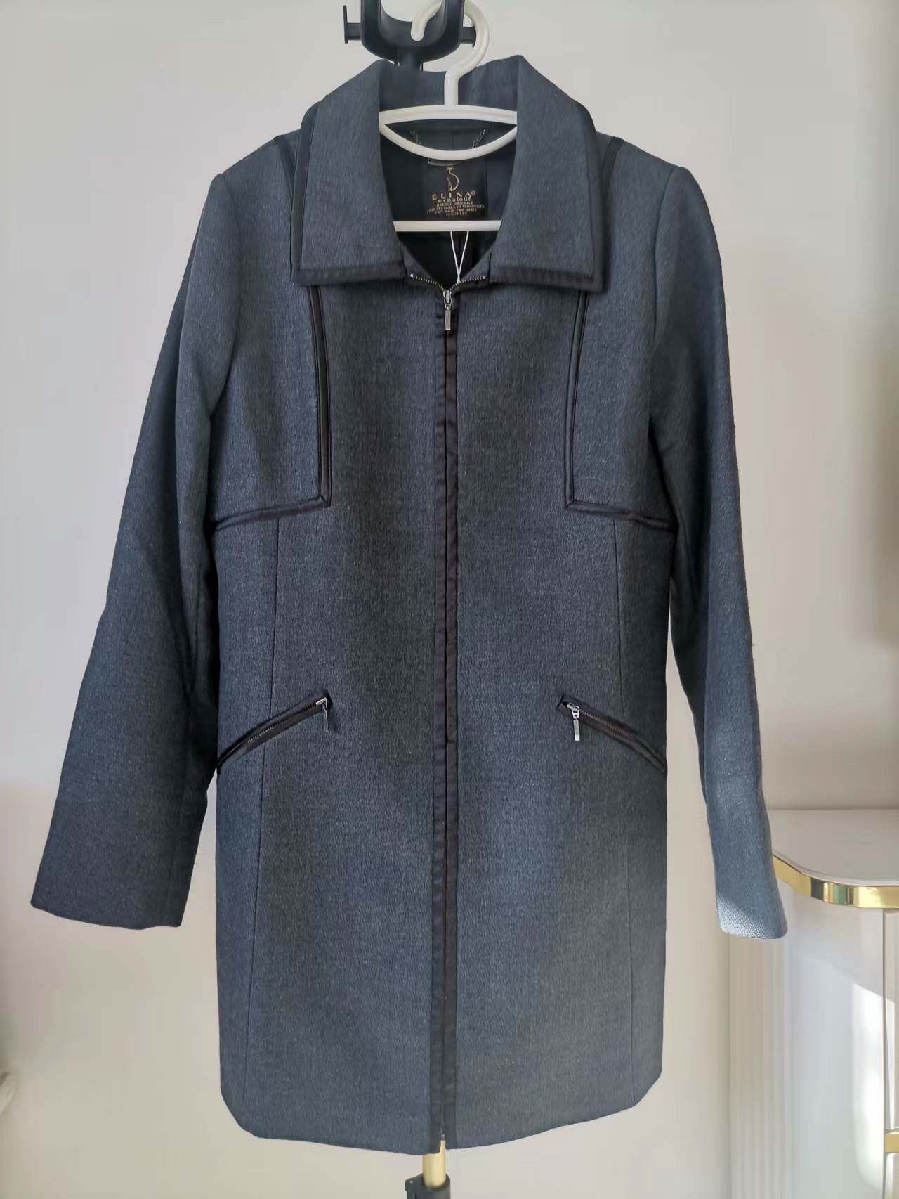 清仓特价 依瑶女装ELINA正品E199深灰色黑边拉链中长大衣外套