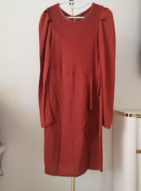 喀啦女装CARA专柜正品C351桔红色圆领条纹针织长袖连衣裙原3280
