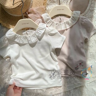 【韩国柔软面料】女童夏季上衣 高弹舒适小翻领泡泡袖绣花T恤衫