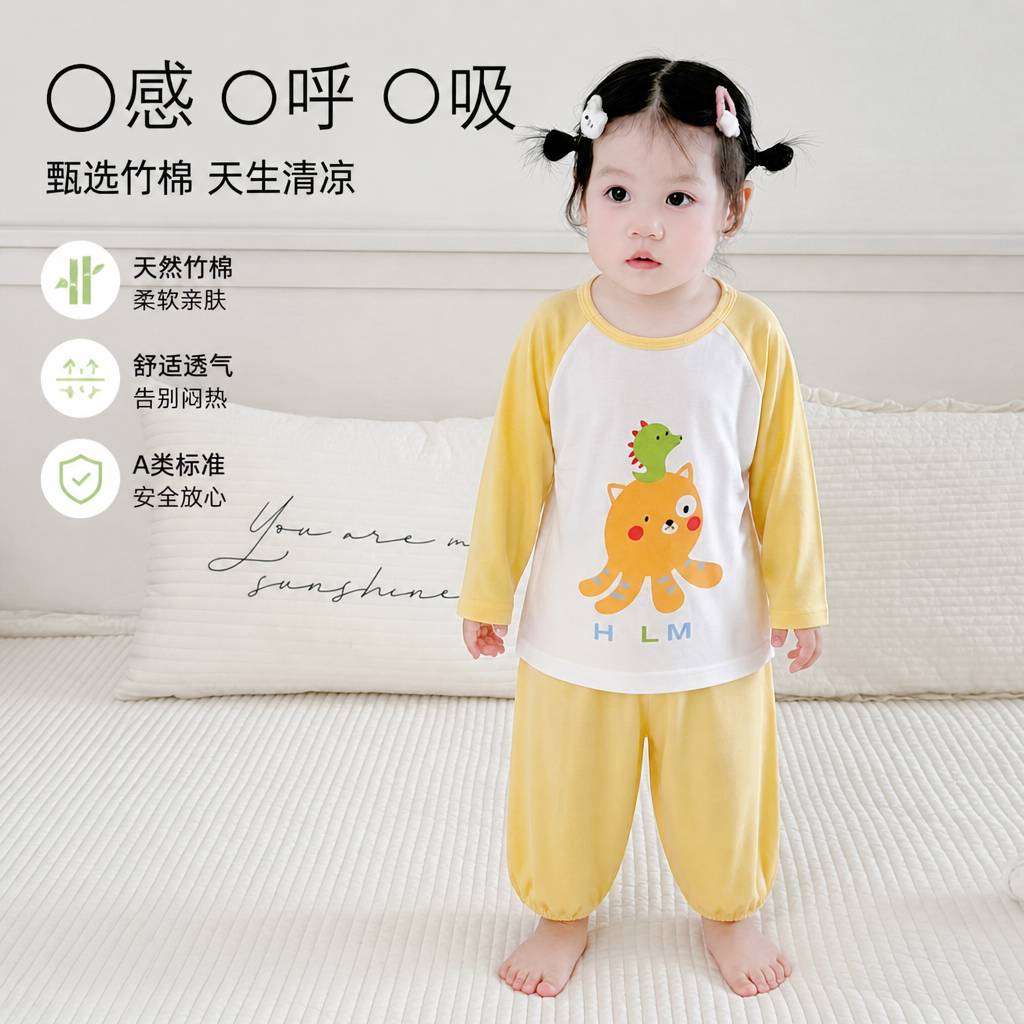 婴儿睡衣家居服防踢夏长袖分体套装薄款小童春秋竹纤维高腰空调服