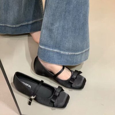 方头法式绸面蝴蝶结玛丽珍单鞋女2026秋季新款内增高芭蕾舞晚晚鞋