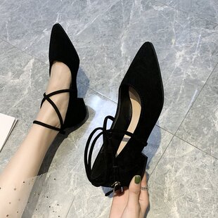 法式小高跟单鞋女2025夏夏款网红低跟高跟鞋仙女绑带晚晚风温柔鞋