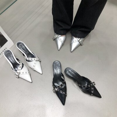 皮带扣凉拖鞋高跟中跟