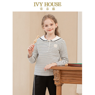 款 女童T恤秋季 复古学院风海军百搭领条纹恤 HOUSE常春藤童装 IVY