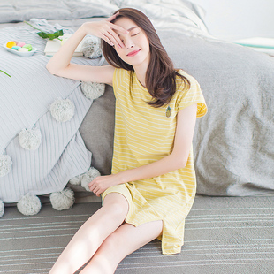 顶瓜瓜纯棉睡裙女夏款 顶呱呱可爱纯棉可外穿条纹短裙舒适睡衣