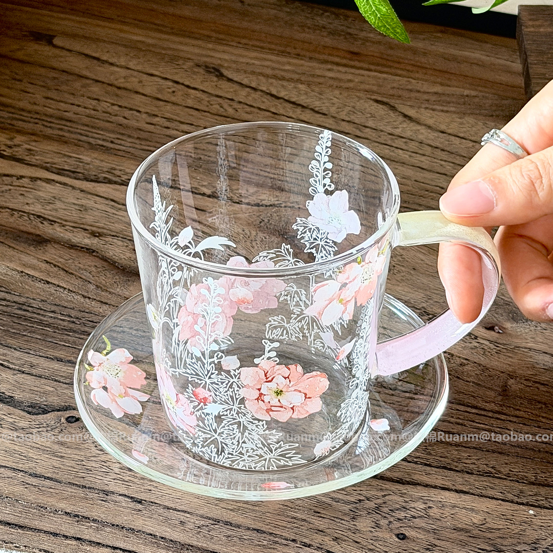 樱花粉耐高温玻璃咖啡杯碟套装