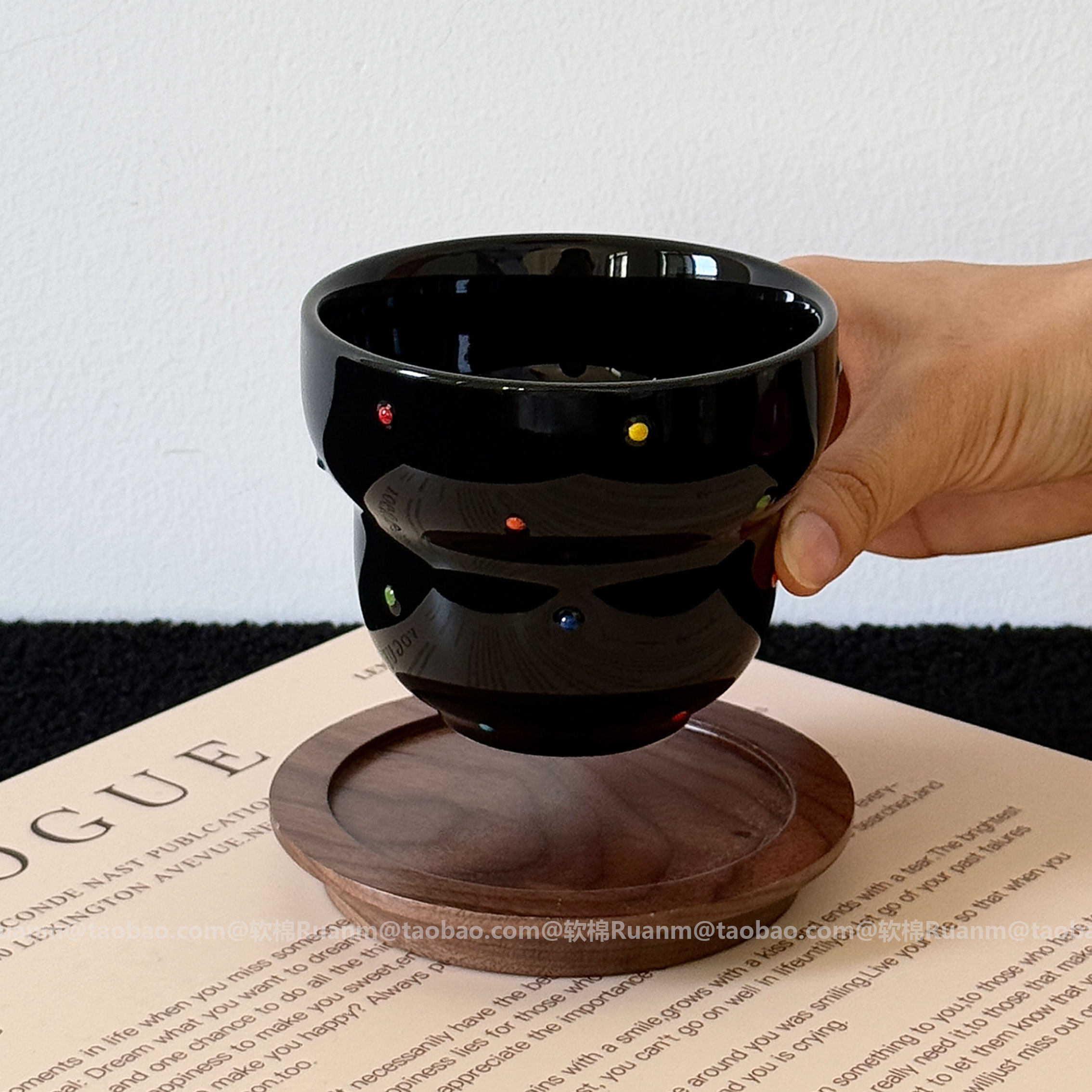 复古黑浮雕立体波点糖豆陶瓷手握杯拉花拿铁杯咖啡杯水杯小众礼物