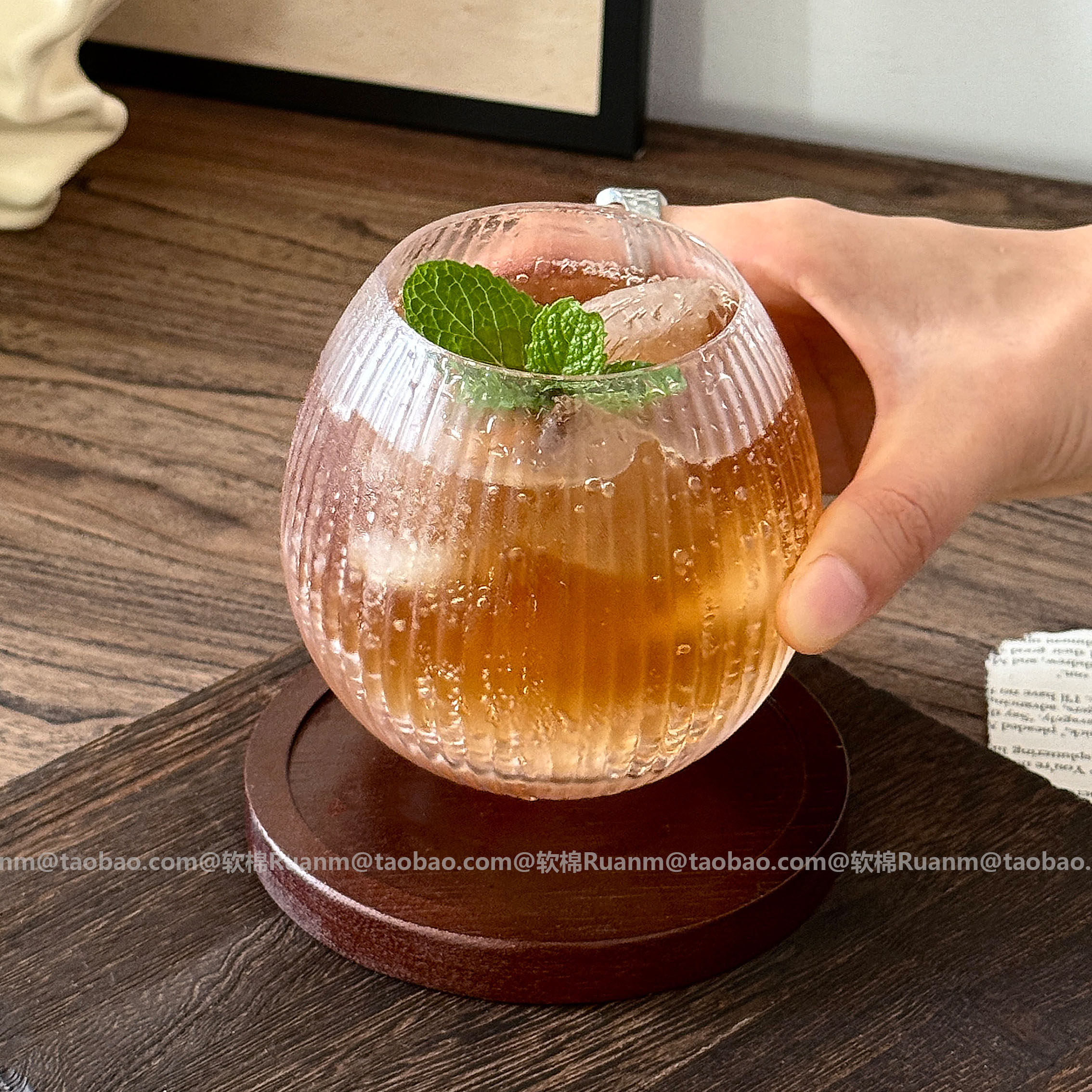 复古ins风竖纹玻璃冷泡果汁杯