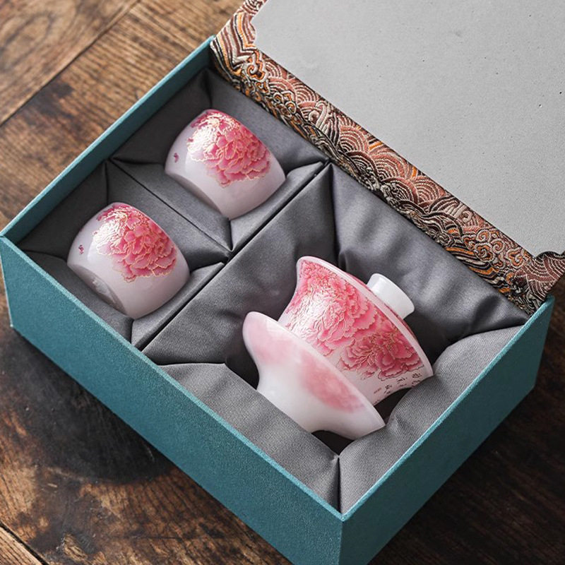 冰种琉璃粉牡丹功夫茶具盖碗防烫三才盖碗轻奢泡茶器茶杯礼盒装,餐饮具,功夫茶具,淘宝优惠券,粉丝福利购,淘宝优惠卷