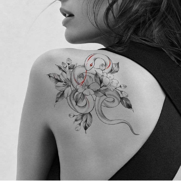 蛇图案纹身贴花黑暗系性感手绘素描花臂防水持久男女堕落不良少女