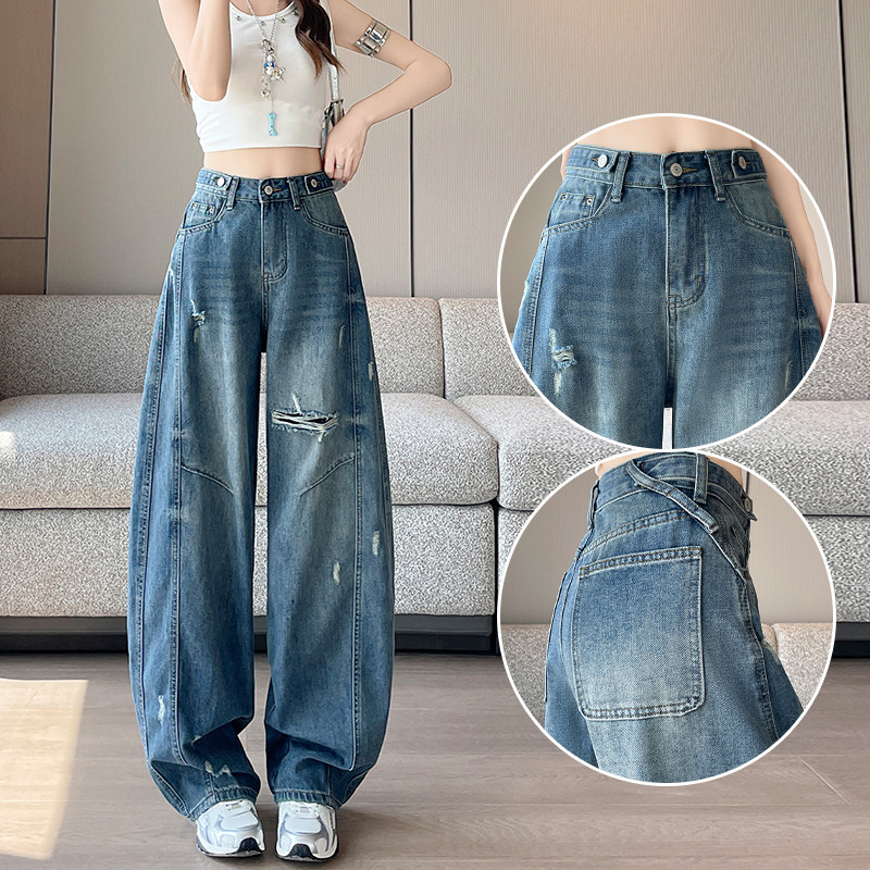 破洞弯刀牛仔裤女夏薄款2026新款显瘦宽松韩版时髦设计感直筒裤子