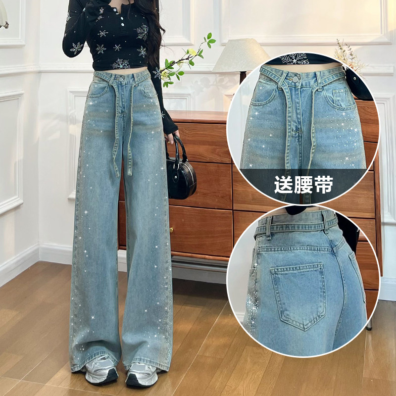 宽松超火百搭精致烫钻阔腿牛仔裤图片