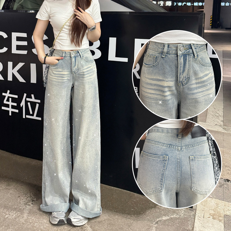 超火慵懒时髦高级烫钻阔腿牛仔裤图片