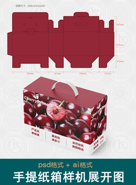 手提纸箱扣底盒样机展开图车厘子水果干货特产礼盒包装效果刀版图