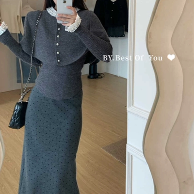 甜茶韩系2025秋时尚套装女斗篷披肩上衣+珍珠修身针织衫两件套装