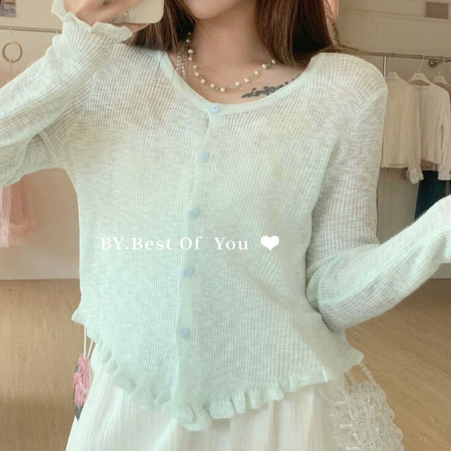 甜茶韩系-26年春款百搭小花扣子短款长袖木耳边针织开衫