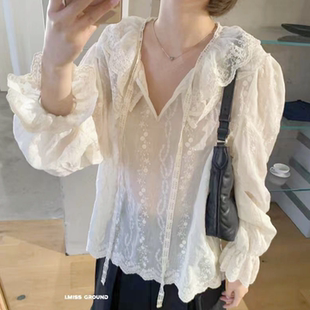 甜茶韩系-26年早春新款小清新韩标重工复古荷叶花边小衫超仙