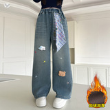 女童加绒牛仔裤年秋冬新款中大童彩色星星阔腿裤玩偶直筒长裤，童装裤子，摩比熊