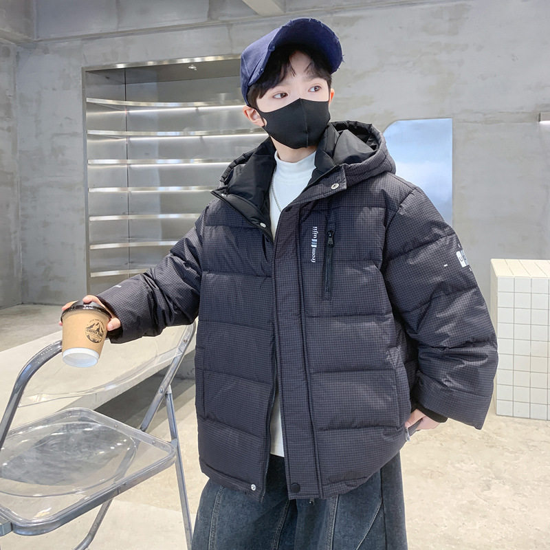 儿童装男童冬装小格子连帽棉服新款大童棉袄冬季加厚保暖棉衣，童装棉衣，摩比熊