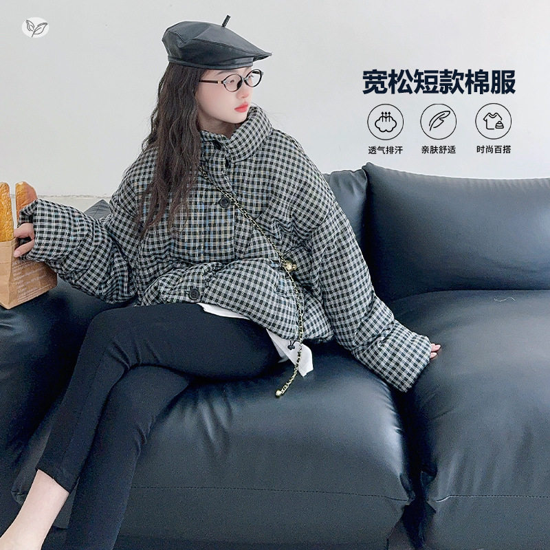 女童棉服外套年冬季新款休闲千鸟格短款面包服中大童保暖棉衣，童装棉衣，摩比熊