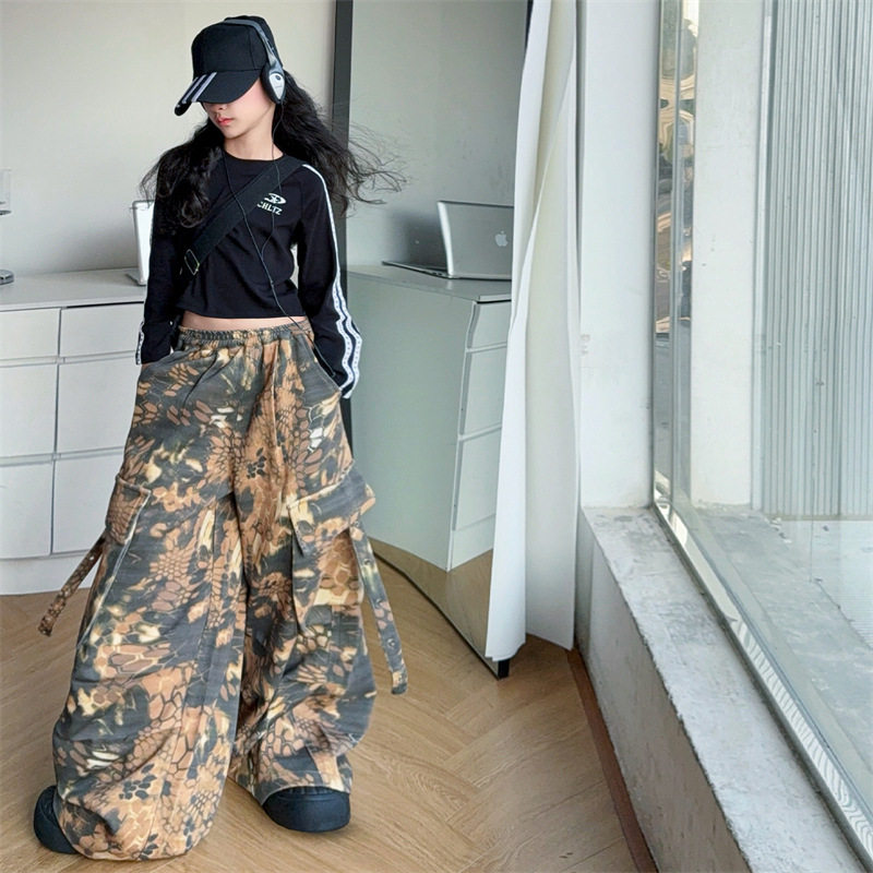 韩版辣妹高腰阔腿裤女童女孩新款高街显瘦时尚高腰长裤潮，童装裤子，摩比熊