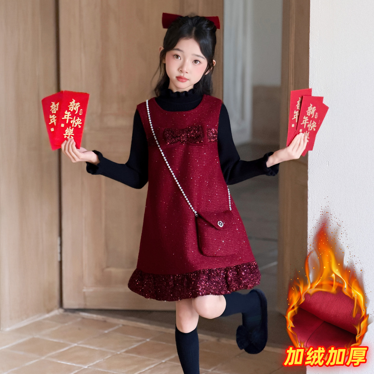 女童拜年服连衣裙年新款秋冬装洋气加厚中大童韩版加绒年服裙，童装休闲套装，摩比熊