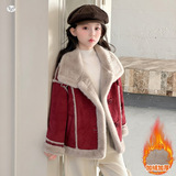 女童皮毛一体外套年冬季新款中大童韩系大毛领夹克衫保暖上衣，童装外套，摩比熊