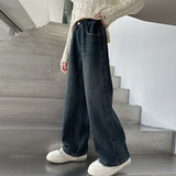 女童裤子秋冬款新款女大童休闲直筒牛仔裤儿童秋季加绒阔腿裤，童装裤子，摩比熊