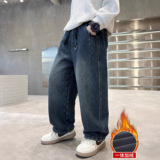儿童装男童加绒裤子秋冬新款中大童男孩牛仔裤加厚保暖冬装潮，童装裤子，摩比熊