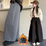 女童加绒毛呢裤年秋冬新款中大童纯色阔腿裤休闲九分裤直筒裤，童装裤子，摩比熊