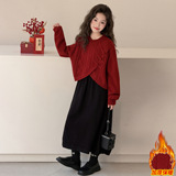 女童冬季连衣裙套装新款女大童红毛衣背心裙两件套拜年服，童装毛衣，摩比熊