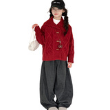 女童秋冬毛衣拜年服季新款儿童加厚新年衣服红色针织开衫冬装，童装毛衣，摩比熊