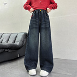 女童年冬季新款时尚V字绣花加绒牛仔裤女大童户外保暖直筒裤，童装裤子，摩比熊