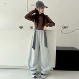 女童年冬季新款个性拼接格子休闲裤女大童冬季加绒加厚阔腿裤，童装裤子，摩比熊