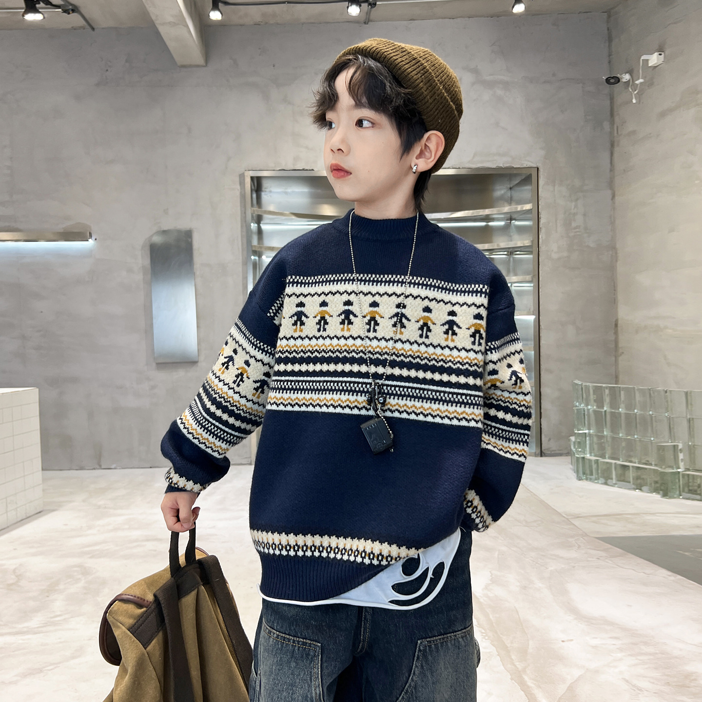 男童秋冬季毛衣新款大儿童装加厚保暖休闲花纹针织毛线衫冬装，童装毛衣，摩比熊