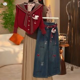 女童秋冬套装新款洋气中大童领针织毛衣卡通牛仔裤套装潮，童装休闲套装，摩比熊