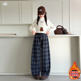 女童加绒格子裤年秋冬新款休闲直筒裤中大童加厚外出阔腿长裤，童装裤子，摩比熊