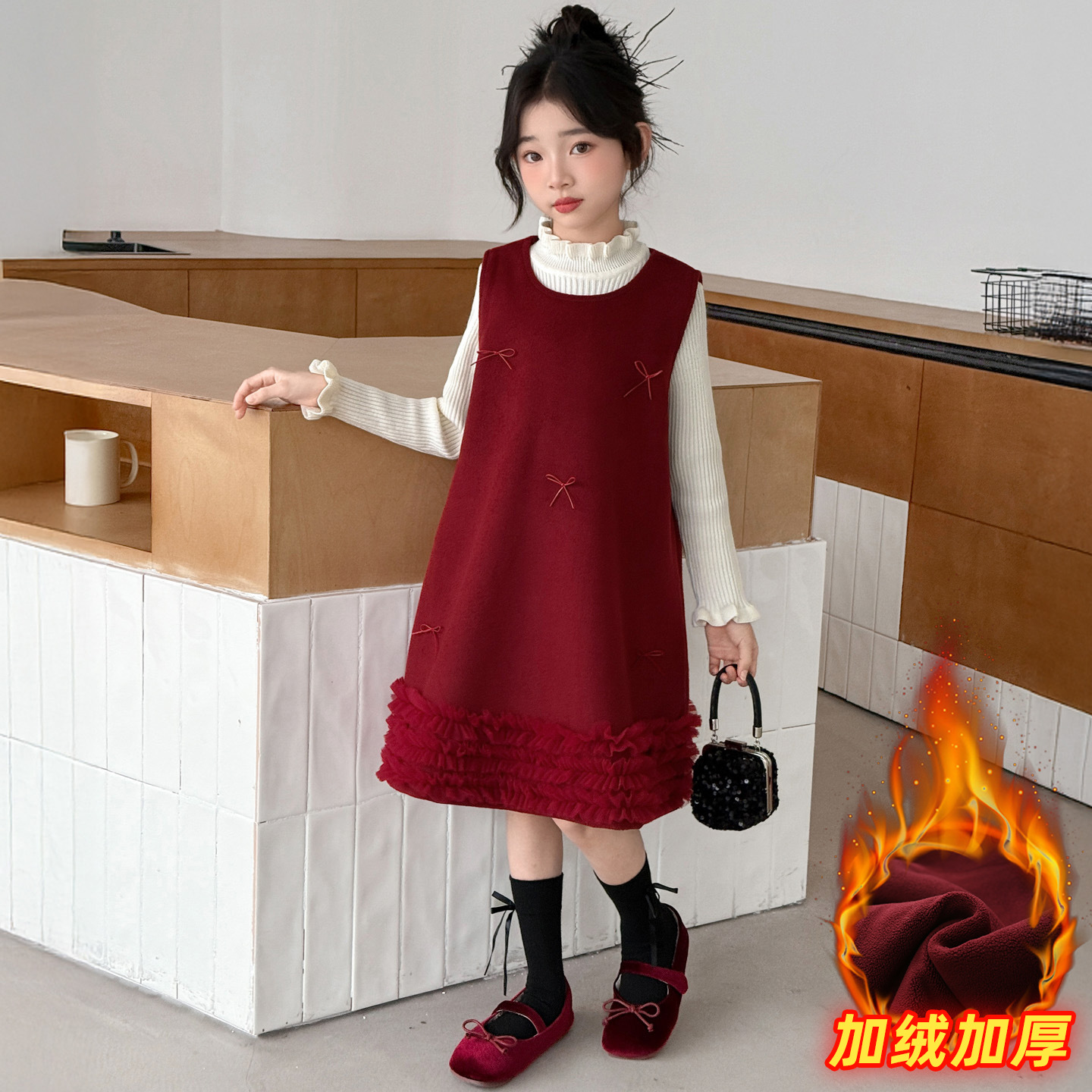 女童风连衣裙秋冬季新款儿童毛呢结年服裙加厚两件套，童装休闲套装，摩比熊