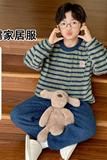 男童条纹套头睡衣加厚中大童秋冬款时髦绒软糯家居服男孩外穿套装，童装家居服（睡衣），摩比熊