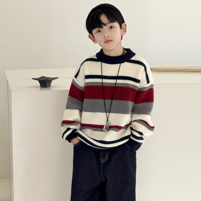 男童毛衣冬季加厚秋冬新款中大童装冬装痞帅儿童条纹针织衫潮，童装毛衣，摩比熊
