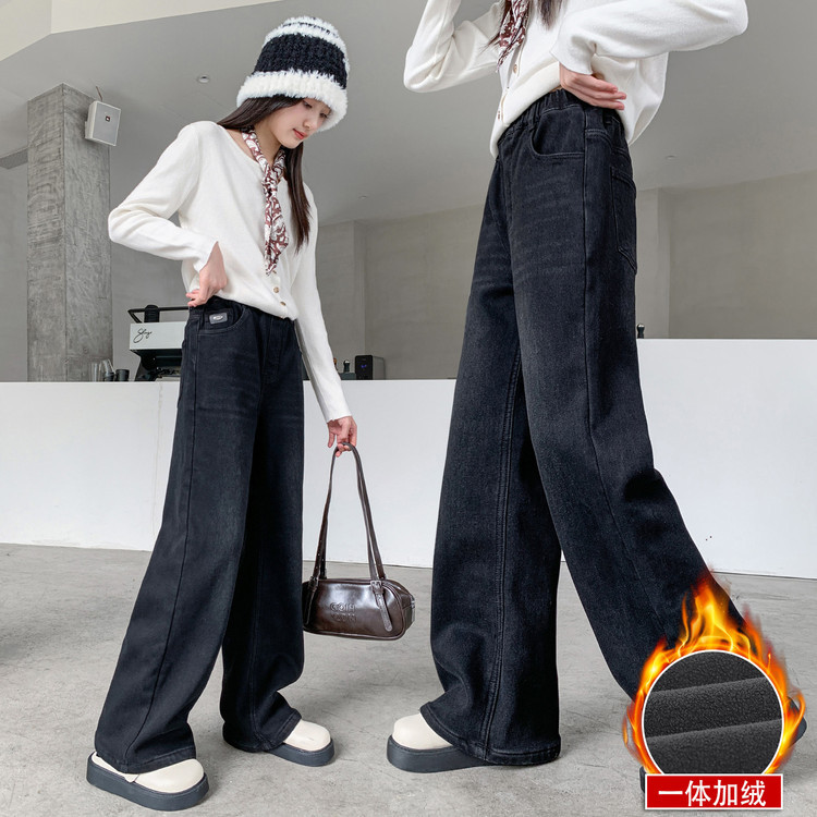 女童加绒裤子冬款新款中大童显瘦水洗直筒长裤一体绒牛仔裤，童装裤子，摩比熊