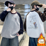 童装男童加绒圆领卡通卫衣大童新款冬装一体绒加厚上衣潮，童装卫衣/绒衫，摩比熊