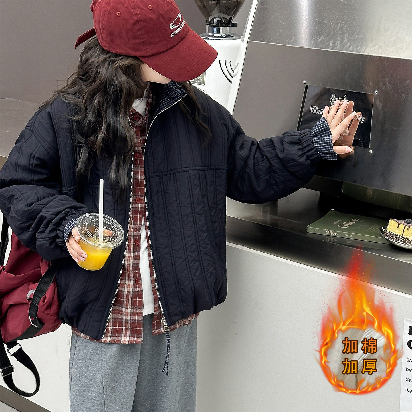 女童韩版翻领短款棉衣加厚拼格子上衣女孩宽松拉链棉服外套潮，童装外套，摩比熊