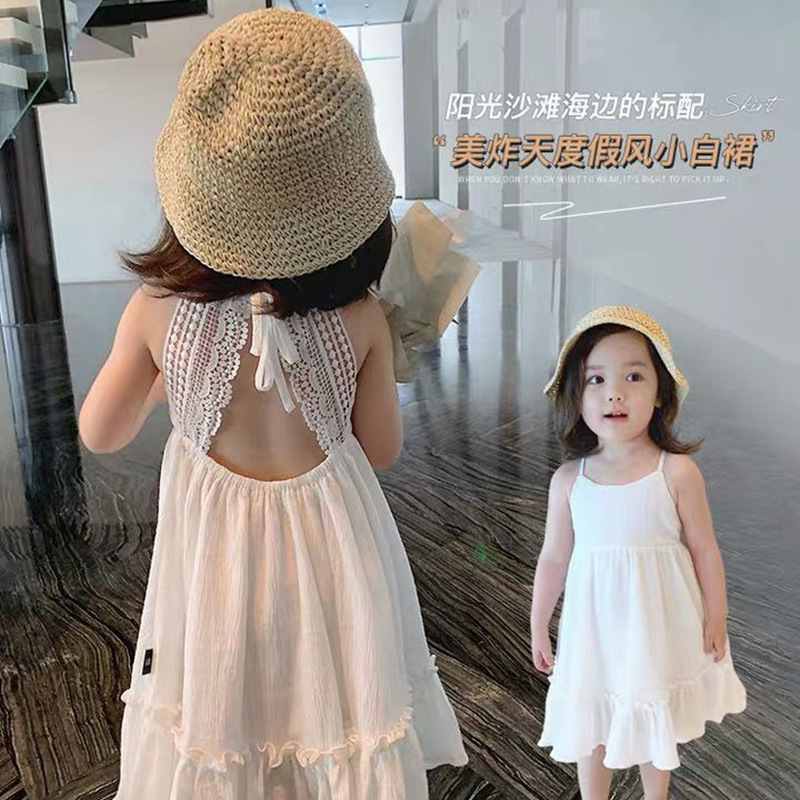 白色蕾丝露背女童连衣裙夏季海边度假沙滩吊带裙儿童洋气裙子，童装连衣裙，摩比熊