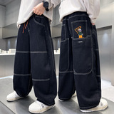 外贸儿童裤子新款中大男童春秋款明线牛仔裤潮酷时尚直筒长裤，童装裤子，摩比熊