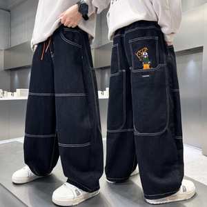 外贸儿童裤子新款中大男童春秋款明线牛仔裤潮酷时尚直筒长裤，童装裤子，摩比熊