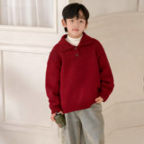 男童红色毛衣冬季儿童加厚针织衫拜年服秋冬新款大童装冬装潮，童装毛衣，摩比熊