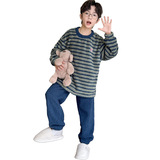 男童条纹套头睡衣加厚中大童秋冬款时髦绒软糯家居服男孩外穿套装，童装家居服（睡衣），摩比熊